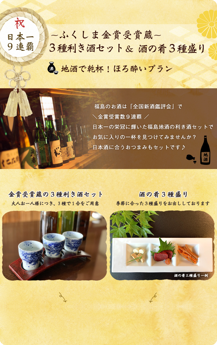 利き酒3種・酒の肴3種盛りプラン